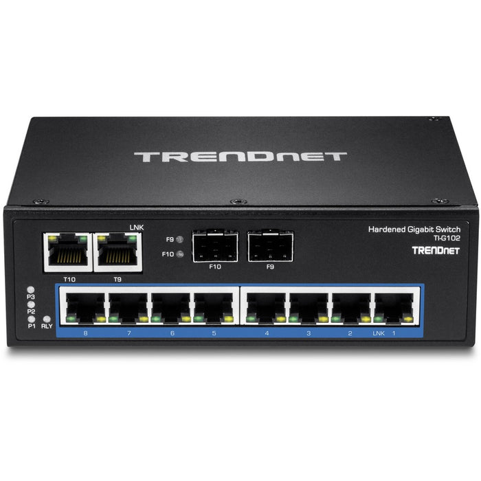 TRENDnet 10-Port Hardened Industrial Gigabit DIN-Rail Switch, 20Gbps Switching Capacity, DIN-Rail And Wall Mounts Included, Dual Redundant, Two RJ-45/SFP Ports, Lifetime Protection, Black, TI-G102