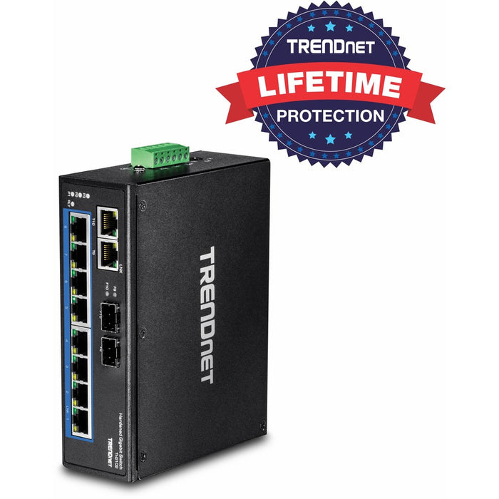 TRENDnet 10-Port Hardened Industrial Gigabit DIN-Rail Switch, 20Gbps Switching Capacity, DIN-Rail And Wall Mounts Included, Dual Redundant, Two RJ-45/SFP Ports, Lifetime Protection, Black, TI-G102