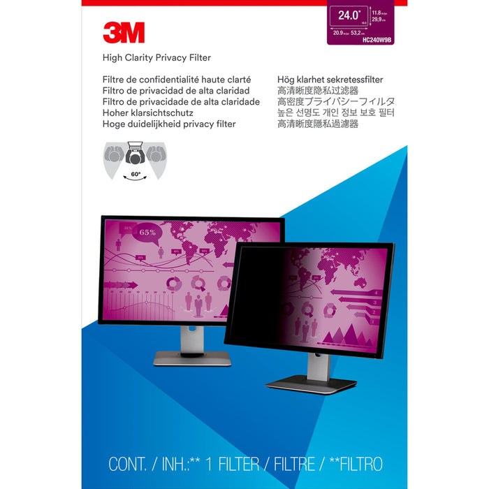 3M High Clarity Privacy Filter for 24in Monitor, 16:9, HC240W9B Black, Glossy