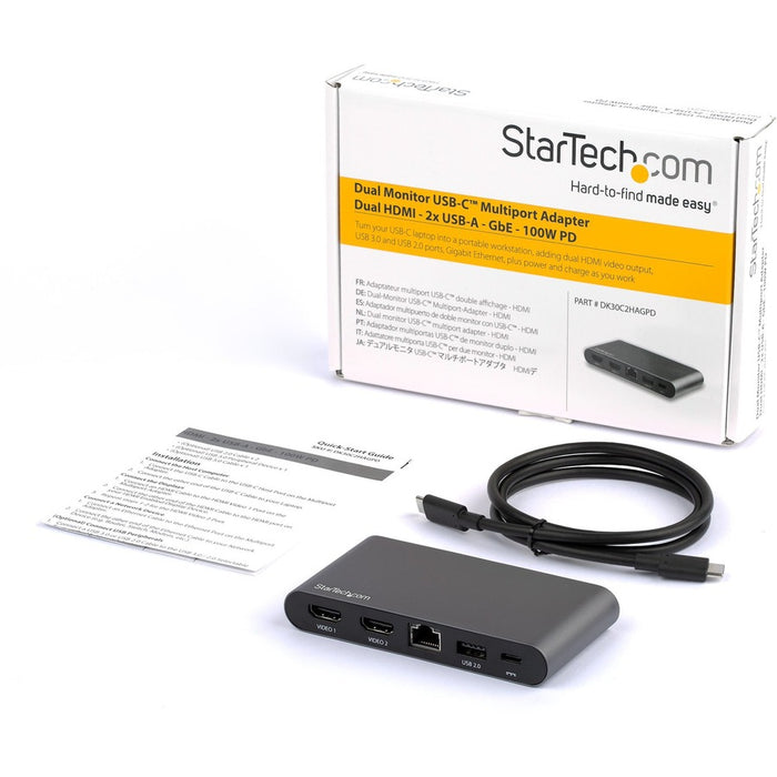 Star Tech.com USB C Dock - 4K Dual Monitor HDMI USB-C Docking Station - 100W Power Delivery Passthrough, GbE, 2x USB-A - Multiport Adapter