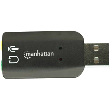 Manhattan USB-A Sound Adapter, USB-A to 3.5mm Mic-in and Audio-Out ports, 480 Mbps (USB 2.0), supports 3D and virtual 5.1 surround sound, Hi-Speed USB, Black, Three Year Warranty, Blister