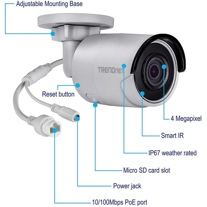 TRENDnet Indoor-Outdoor 4 Megapixel HD PoE Bullet Style Day-Night Network Camera, Digital WDR, 2688 x 1520p, Smart IR, IP66 Rated Housing, Up To 100ft Night Vision, ONVIF, IPv6, White, TV-IP314PI