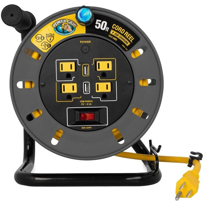 Camco Power Grip 50-Foot Extension Cord Reel with USB Charging Ports