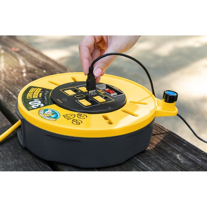 Camco Power Grip 30-Foot Extension Cord Reel with USB Charging Ports