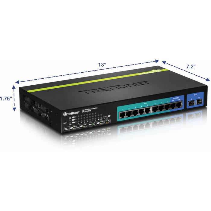 TRENDnet 10-Port Gigabit Web Smart PoE+ Switch, 8 x PoE+ Gigabit Ports, 2 x Gigabit Ethernet Ports, 2 x Shared SFP Slots, 75W Total Power Budget, Rack Mountable, Lifetime Protection, Black, TPE-1020WS