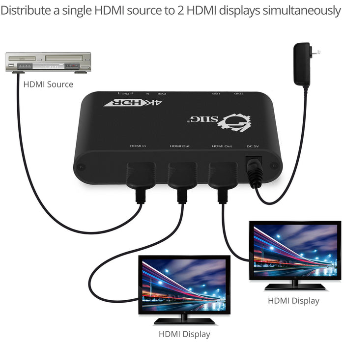 SIIG 1x2 HDMI 2.0 Splitter / Distribution Amplifier with Auto Video Scaling - 4K 60Hz HDR