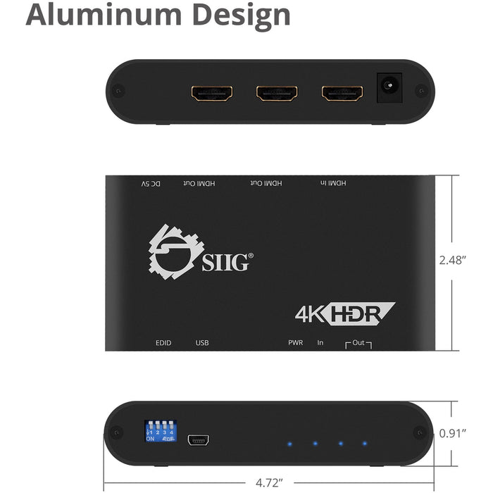 SIIG 1x2 HDMI 2.0 Splitter / Distribution Amplifier with Auto Video Scaling - 4K 60Hz HDR