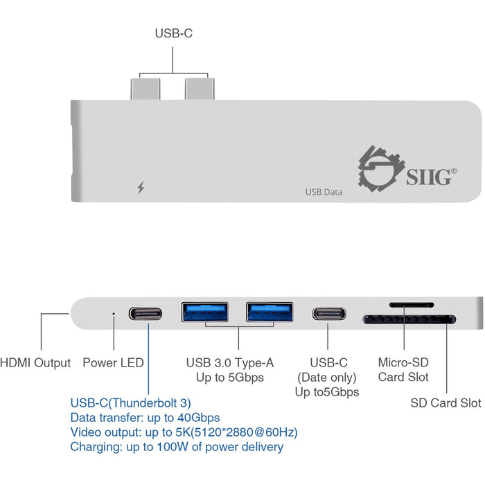 SIIG Thunderbolt 3 USB-C Hub HDMI with Card Reader & PD Adapter - Silver