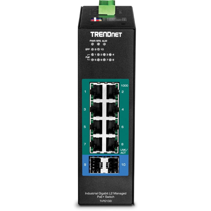 TRENDnet 10-Port Industrial Gigabit L2 Managed PoE+ DIN-Rail Switch, 8 x Gigabit PoE+ Ports, DIN-Rail Mount, 2 x SFP Slots, 24?57V DC Power Input, IP30, VLAN, Lifetime Protection, Black, TI-PG102i
