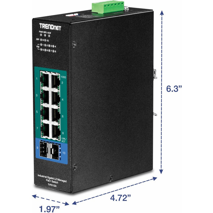 TRENDnet 10-Port Industrial Gigabit L2 Managed PoE+ DIN-Rail Switch, 8 x Gigabit PoE+ Ports, DIN-Rail Mount, 2 x SFP Slots, 24?57V DC Power Input, IP30, VLAN, Lifetime Protection, Black, TI-PG102i