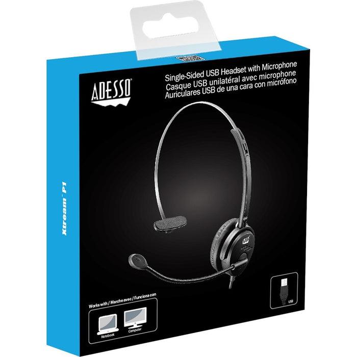 Adesso USB Single-Sided Headset with Adjustable Microphone- Noise Cancelling- Mono - USB - Wired - Over-the-head - 6 ft Cable -, Omni-directional Microphone - Black