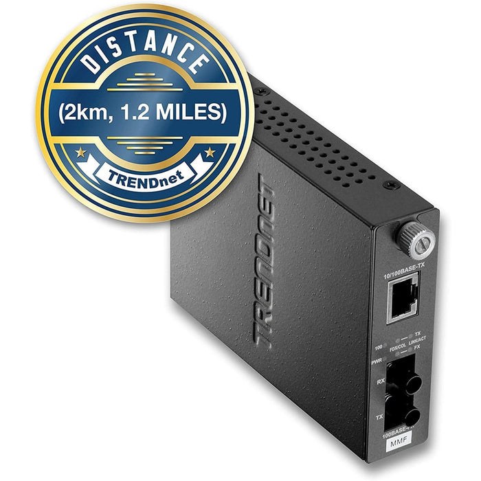 TRENDnet 100Base-TX to 100Base-FX Multi Mode ST Fiber Media Converter, 2km (1.2 Miles), Auto-Negotiation, Auto-MDIX, Full-Duplex, Fiber to Ethernet Converter, Lifetime Protection, Black, TFC-110MST