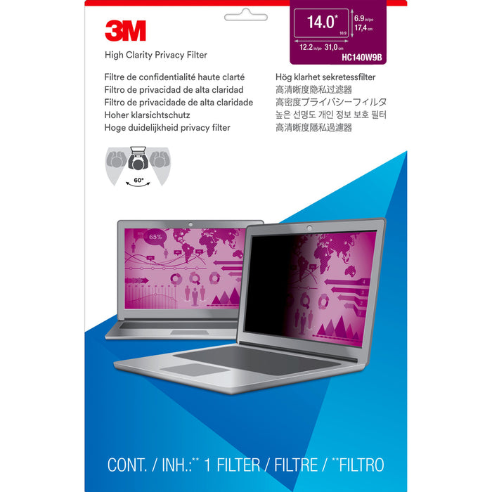 3M High Clarity Privacy Filter for 14in Laptop with COMPLY Flip Attach, 16:9, HC140W9B Black, Glossy