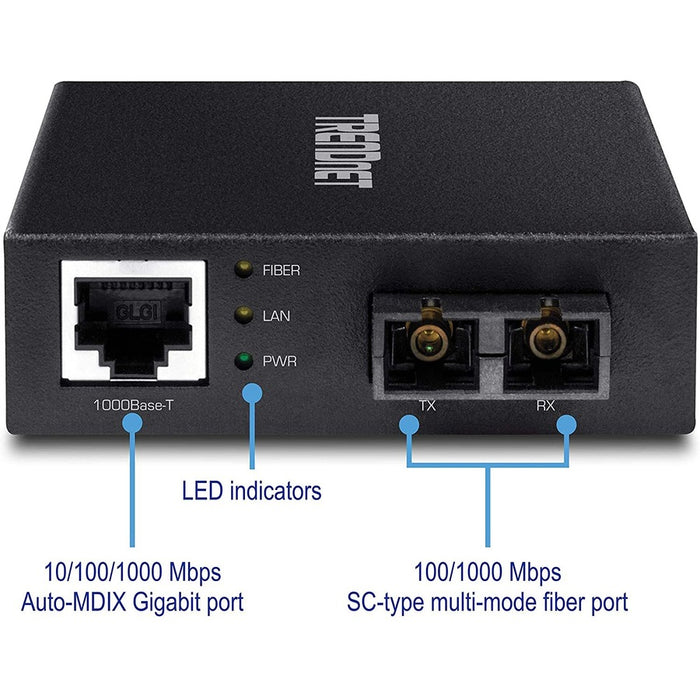 TRENDnet 1000Base-T to 1000Base-SX Multi-Mode SC Fiber Converter; Up to 550m (1800 ft.); 2 Gbps Switching Capacity; TFC-GMSC