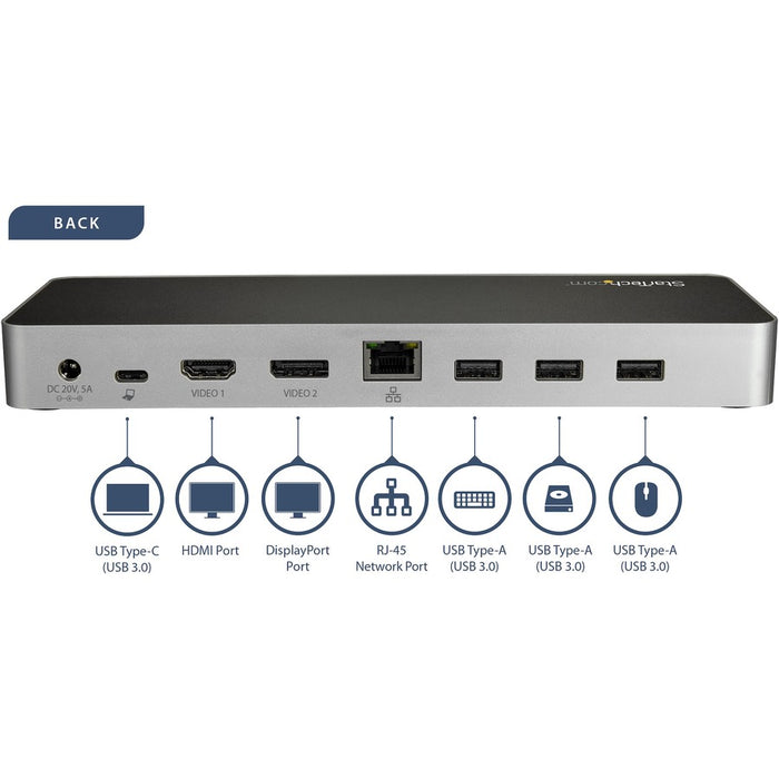 Star Tech.com USB C Dock - 4K Dual Monitor HDMI & DisplayPort USB Type-C Docking Station - 60W Power Delivery, SD, 4-port USB 3.0 Hub, GbE