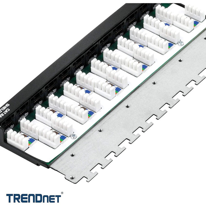 TRENDnet 12-Port Cat6A Shielded Patch Panel, 10G Ready, Cat5e,Cat6,Cat6A Compatible, Metal Housing, Color-Coded Labeling For T568A And T568B Wiring, Cable Management, Wall Mountable, Black, TC-P12C6AS