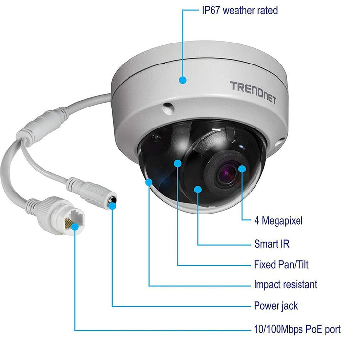 TRENDnert Indoor/Outdoor 4MP H.265 120dB WDR PoE Dome Network Camera,TV-IP1315PI, IP67 Weather Rated Housing, Smart Covert IR Night Vision up to 30m (98 ft.), microSD Card Slot
