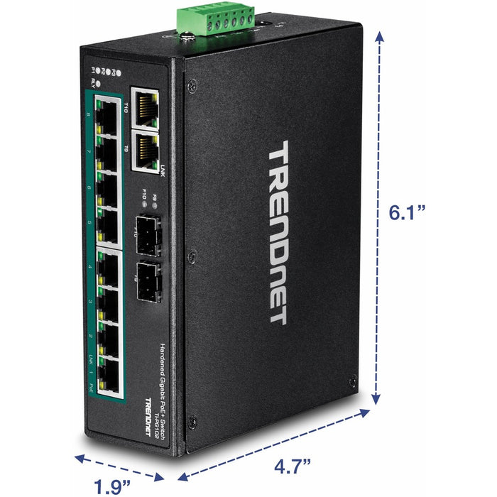 TRENDnet 10-Port Industrial Gigabit PoE+ DIN-Rail Switch, 8 x Gigabit PoE+ Ports, DIN-Rail Mount, 2 x SFP Slots, 240W PoE Power Budget, Network Switch, IP30, QoS, Lifetime Protection, Black, TI-PG102