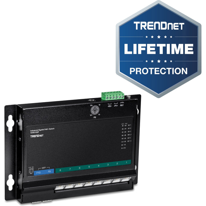 TRENDnet 10-Port Industrial Gigabit PoE+ Wall-Mounted Front Access Switch; TI-PG102F; 8x Gigabit PoE+ Ports; 2 x Gigabit SFP Slots; 240W PoE Budget; DIN-Rail & Wall Mount Brackets Included; IP30 Rated