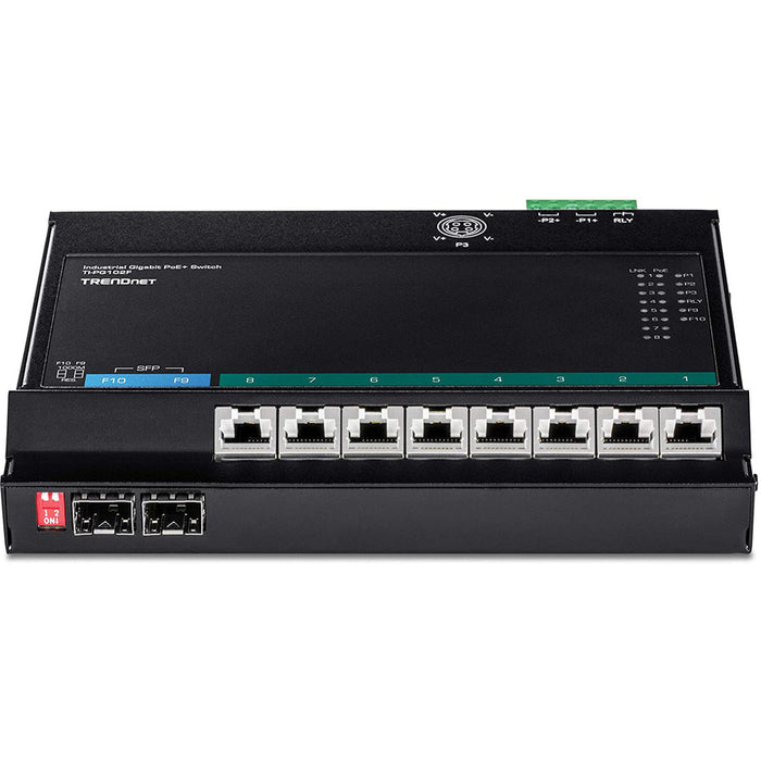 TRENDnet 10-Port Industrial Gigabit PoE+ Wall-Mounted Front Access Switch; TI-PG102F; 8x Gigabit PoE+ Ports; 2 x Gigabit SFP Slots; 240W PoE Budget; DIN-Rail & Wall Mount Brackets Included; IP30 Rated