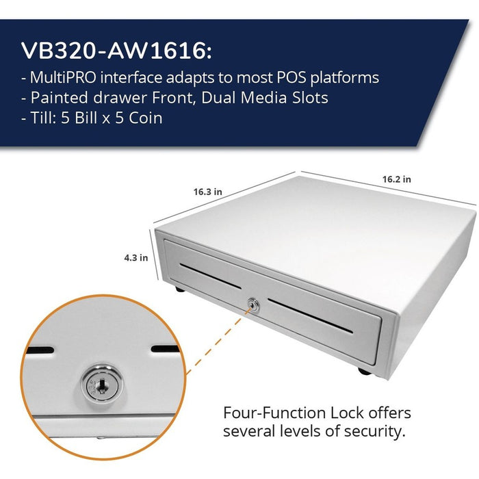apg Standard- Duty 16&acirc;&euro;� Electronic Point of Sale Cash Drawer | Vasario Series VB320-AW1616 | Printer Compatible | Plastic Till with 5 Bill/ 5 Coin Compartments | White