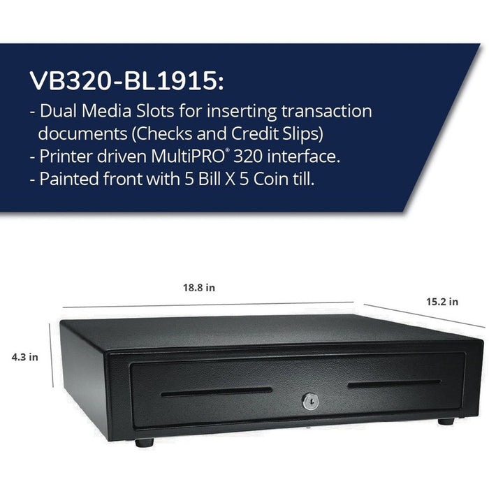 apg Standard- Duty 19&acirc;&euro;� Electronic Point of Sale Cash Drawer | Vasario Series VB320-BL1915 | Printer Compatible | Plastic Till with 5 Bill/ 5 Coin Compartments | Black