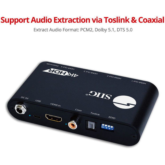 SIIG 1x4 HDMI 2.0 Splitter with Audio Extractor / Auto Scaling & EDID Management