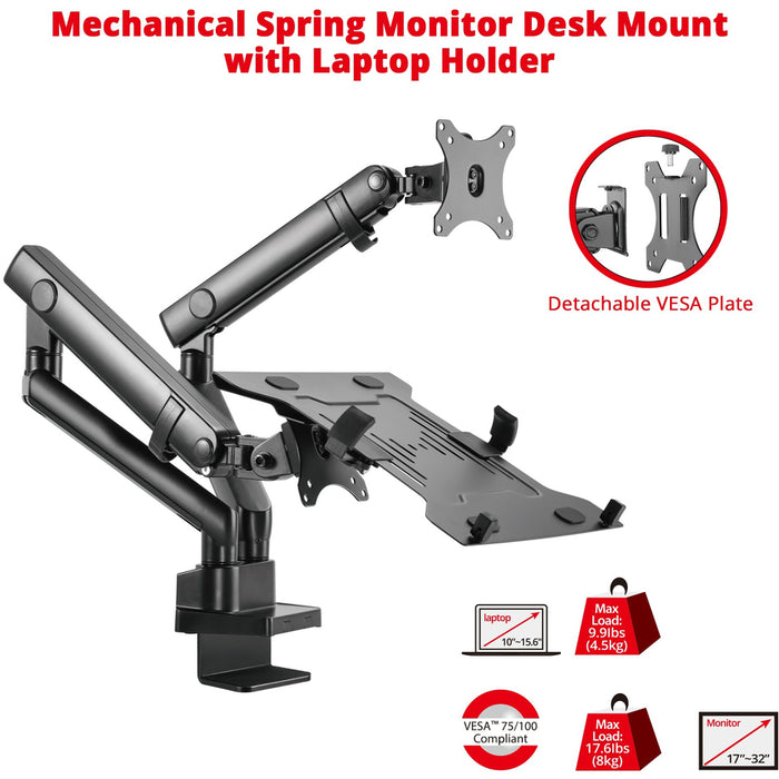 Aluminum Mechanical Spring Slim Monitor Arm with Laptop Holder - 17" to 32"