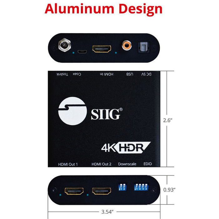 SIIG 1x2 HDMI 2.0 4k Splitter with Audio Extractor / Auto Scaling & EDID Management