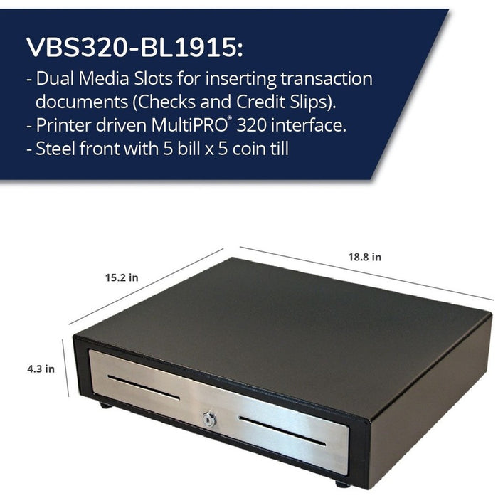 APG Standard- Duty 19" Electronic Point of Sale Cash Drawer | Vasario Series VBS320-BL1915 | Printer Compatible | Plastic Till with 5 Bill/ 5 Coin Compartments | Black