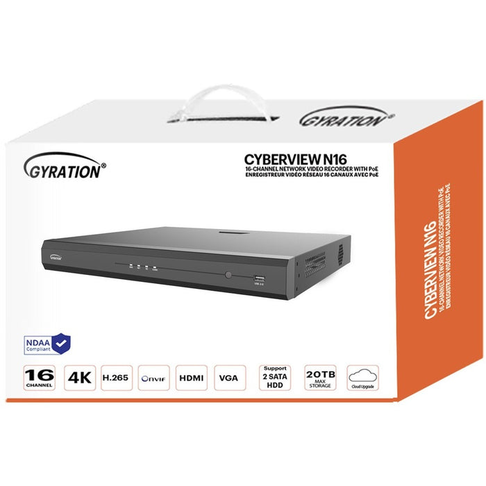 Gyration 16-Channel Network Video Recorder With PoE, TAA-Compliant - 20 TB HDD