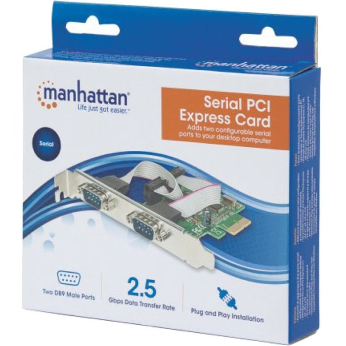 Manhattan PCI Express Card, 2x Serial DB9 ports, 2.5 Mbps, x1 x4 x8 x16 lane buses, Standard/Low Profile PCI, Three Year Warranty, Box