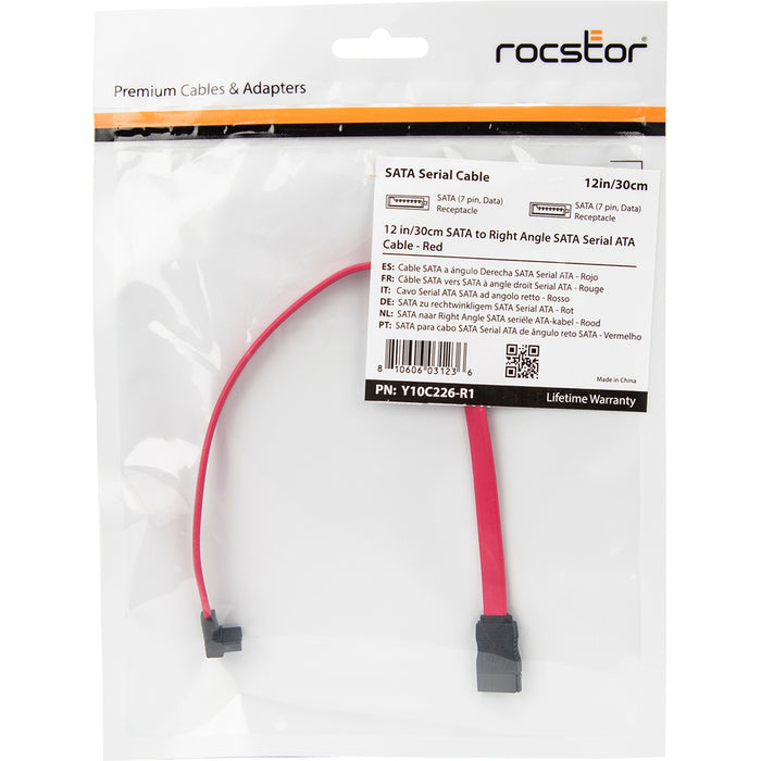 Rocstor Premium 12in SATA to Right Angle SATA Serial ATA Cable - SATA - 12in - SATA - SATA Right Angle Drive Cable