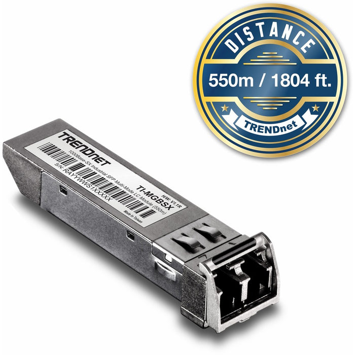 TRENDnet 1000Base- SX Industrial SFP to RJ45 Multi-Mode LC Module; TI-MGBSX; Up to 550m (1;804 Ft); IEE 802.3z; ANSI Fiber Channel; Data Rates up to 1.25Gbps; LC-Type Duplex; Lifetime Protection