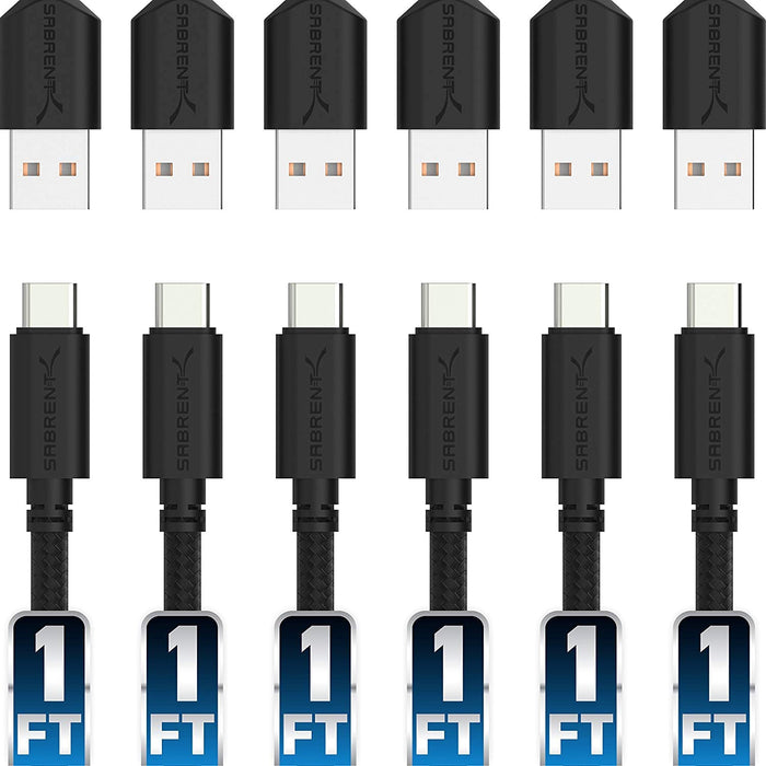 Sabrent 6-Pack 22AWG Premium 1ft USB-C to USB A 2.0 Sync and Charge Cables (CB-C6X1)