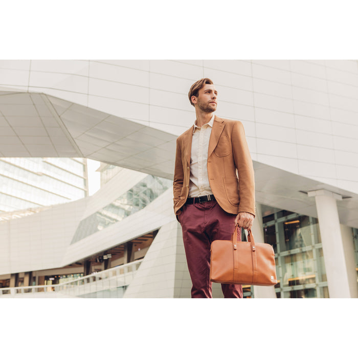 Moshi Treya Briefcase - Caramel Brown, Two-in-one Messenger, Briefcase for Laptops up to 13" , Vegan Leather, Removable Clutch, RFID Pocket