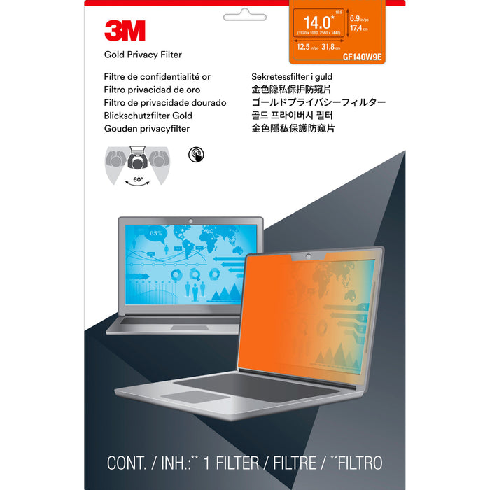 3M Gold Privacy Filter for 14in Full Screen Laptop with COMPLY Flip Attach, 16:9, GF140W9E Gold, Glossy