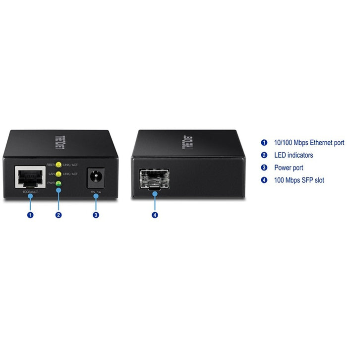 TRENDnet 100BASE-T to SFP Fiber Media Converter, Fast Ethernet to SFP Media Converter, Multi-Mode or Single-Mode, Full-Duplex, TFC-FSFP