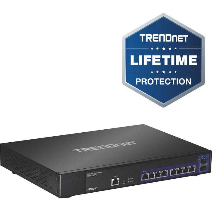 TRENDnet 10-Port 2.5GBASE-T Web Smart Switch; 8 x 2.5GBASE-T RJ-45 Ports; 2 x 10G SFP+ Slots; Lifetime Protection; TEG-30102WS