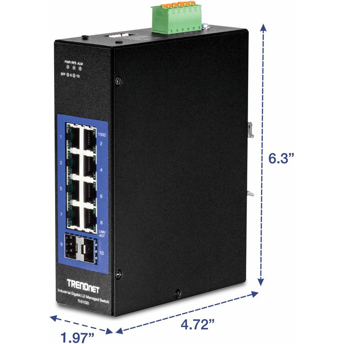 TRENDnet 10-Port Industrial Gigabit L2 Managed DIN-Rail Switch; 8 X Gigabit; 2 X SFP Slots; DIN-Rail Mount; IP30; Vlan; Qos; Lacp; Stp/Rstp; Bandwidth Management; Lifetime Protection; TI-G102i