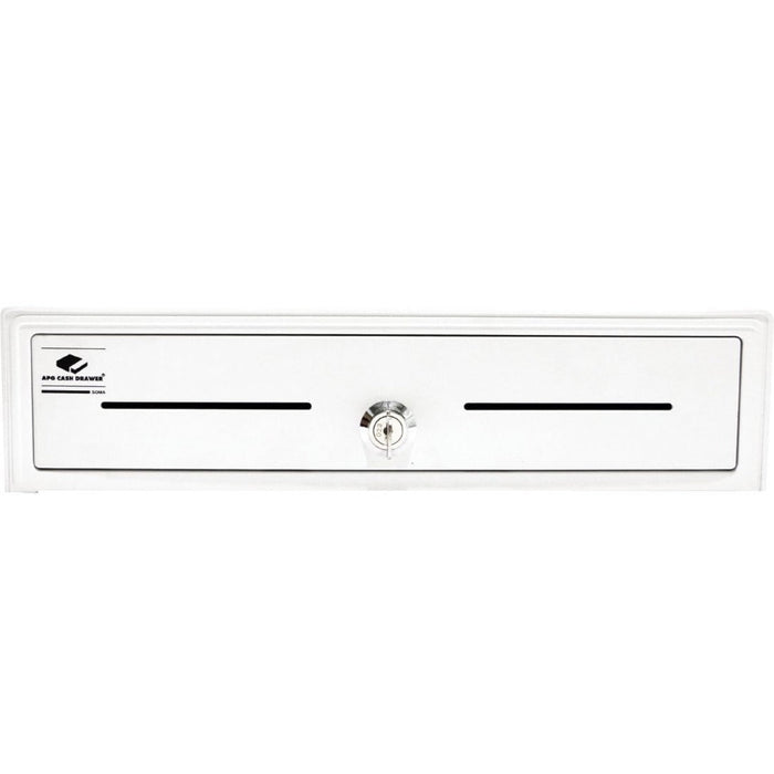 apg Entry Level- 13&acirc;&euro;� Electronic Point of Sale Cash Drawer | Arlo Series EKDS320-1-W330-A10 | Printer Compatible with CD-101A Cable Included | Plastic Till with 4 Bill/ 5 Coin Compartments | White