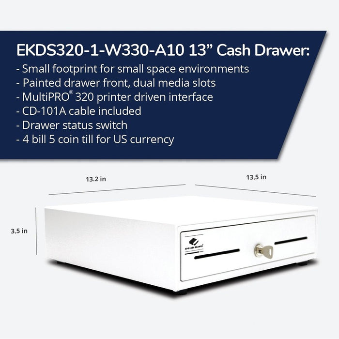 apg Entry Level- 13&acirc;&euro;� Electronic Point of Sale Cash Drawer | Arlo Series EKDS320-1-W330-A10 | Printer Compatible with CD-101A Cable Included | Plastic Till with 4 Bill/ 5 Coin Compartments | White