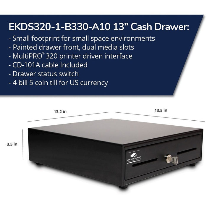apg Entry Level- 13&acirc;&euro;� Electronic Point of Sale Cash Drawer | Arlo Series EKDS320-1-B330-A10| Printer Compatible with CD-101A Cable Included | Plastic Till with 4 Bill/ 5 Coin Compartments | Black