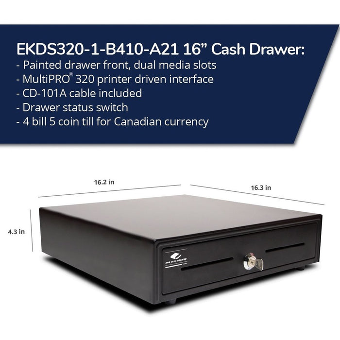 apg Entry Level- 16&acirc;&euro;� Electronic Point of Sale Cash Drawer | Arlo Series EKDS320-1-B410-A21 | Printer Compatible with CD-101A Cable Included | Plastic Till with 4 Bill/ 5 Coin Compartments | Black