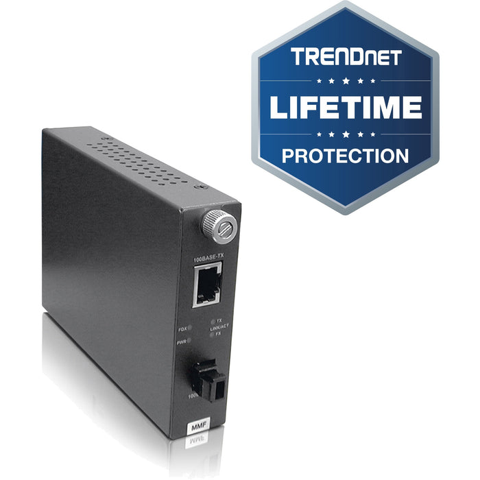 TRENDnet 100Base-TX to 100Base-FX Multi Mode MT-RJ Fiber Media Converter (2 Km /1.2 Miles); Multimode Fiber; Fiber to Ethernet Converter; RJ-45; MT-RJ Type Connector; Lifetime Protection; TFC-110MM