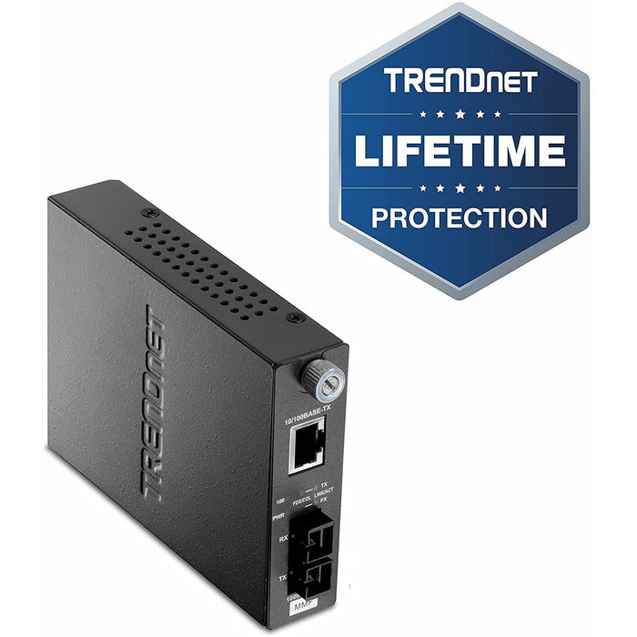 TRENDnet 100Base-TX to 100Base-FX Multi Mode SC Fiber Media Converter (2 Km, 1.2 Miles), Fiber to Ethernet Converter, RJ-45 Port, Fiber Port, Wall Mountable, Lifetime Protection, Black, TFC-110MSC