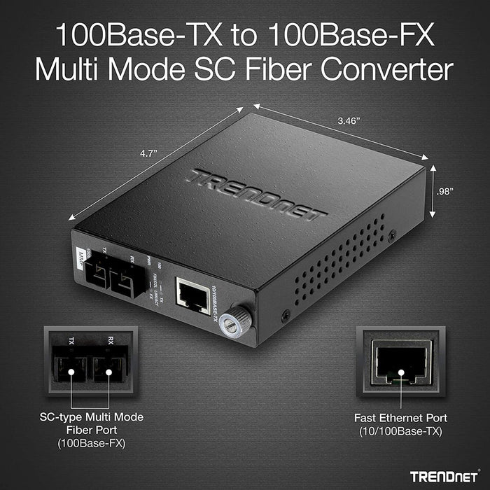 TRENDnet 100Base-TX to 100Base-FX Multi Mode SC Fiber Media Converter (2 Km, 1.2 Miles), Fiber to Ethernet Converter, RJ-45 Port, Fiber Port, Wall Mountable, Lifetime Protection, Black, TFC-110MSC