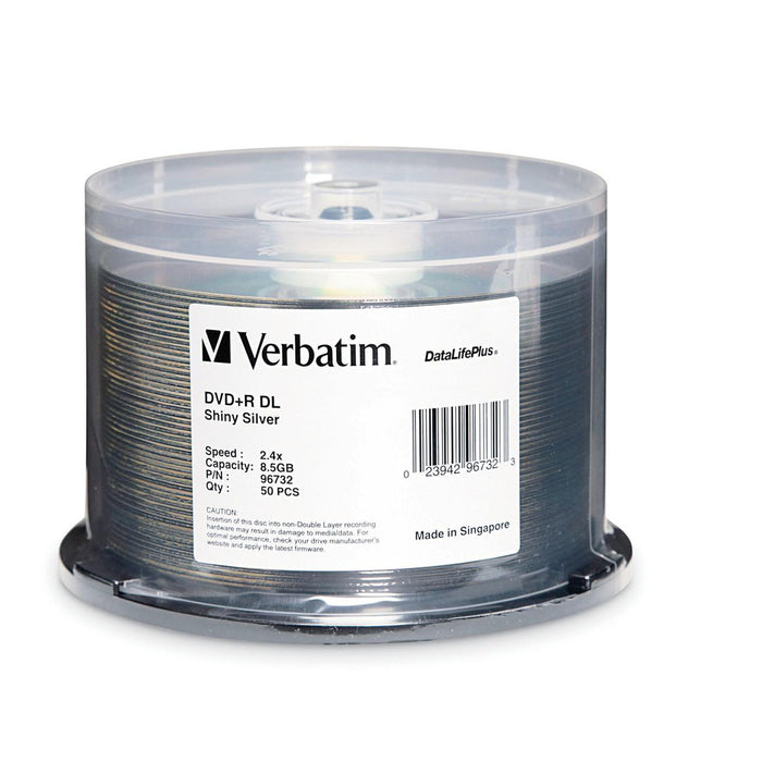 Verbatim DVD+R DL 8.5GB 8X DataLifePlus Shiny Silver Silk Screen Printable - 50pk Spindle