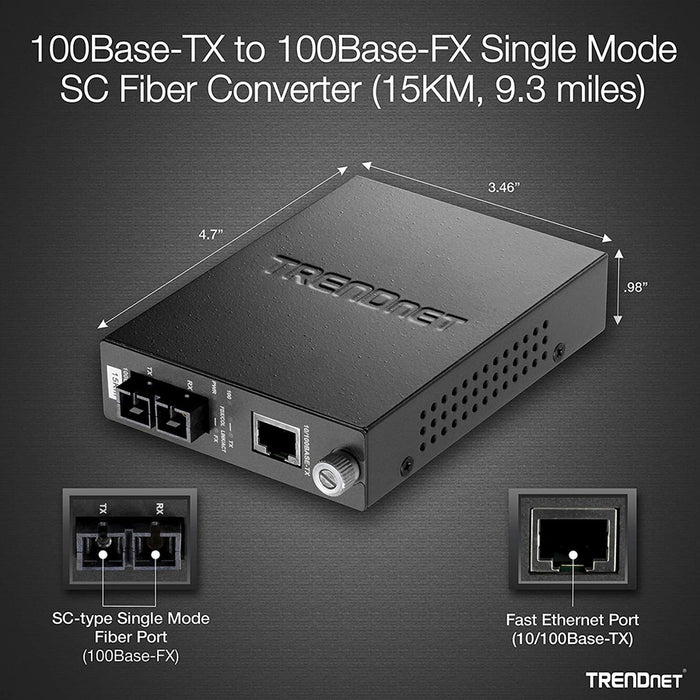 TRENDnet 100Base-TX to 100Base-FX Single Mode SC Fiber Media Converter (15 Km / 9.3 Miles);TFC-110S15; Auto-Negotiation; Auto-MDIX; Full-Duplex Mode; Fiber to Ethernet Converter; Lifetime Protection