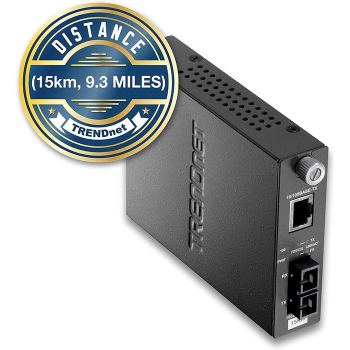 TRENDnet 100Base-TX to 100Base-FX Single Mode SC Fiber Media Converter (15 Km / 9.3 Miles);TFC-110S15; Auto-Negotiation; Auto-MDIX; Full-Duplex Mode; Fiber to Ethernet Converter; Lifetime Protection